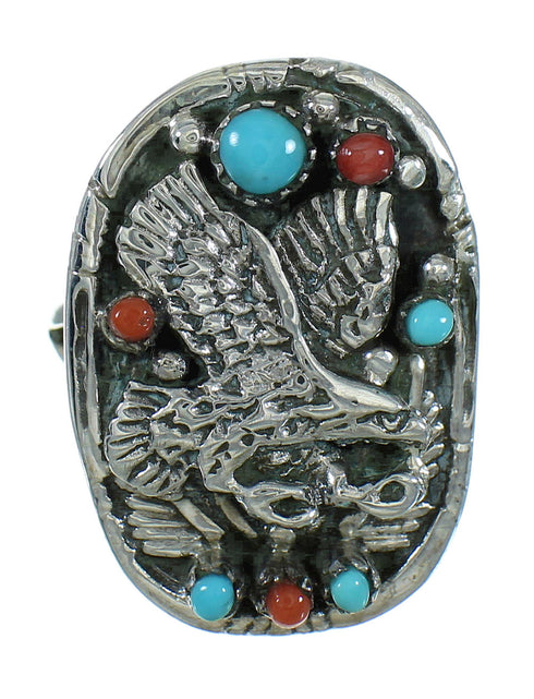 Sterling Silver And Turquoise Coral Eagle Ring Size 6-1/4 RX84401